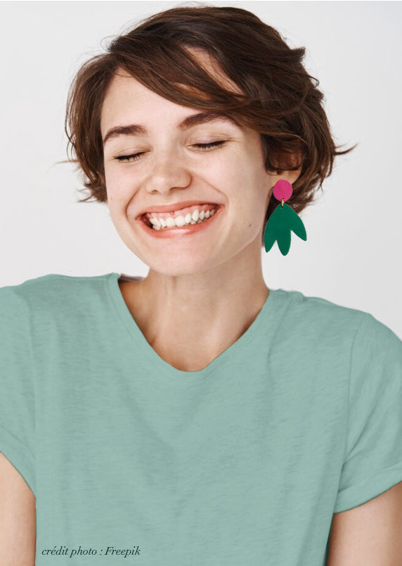 BILBAO - Boucles d'oreilles cuir vert / rose
