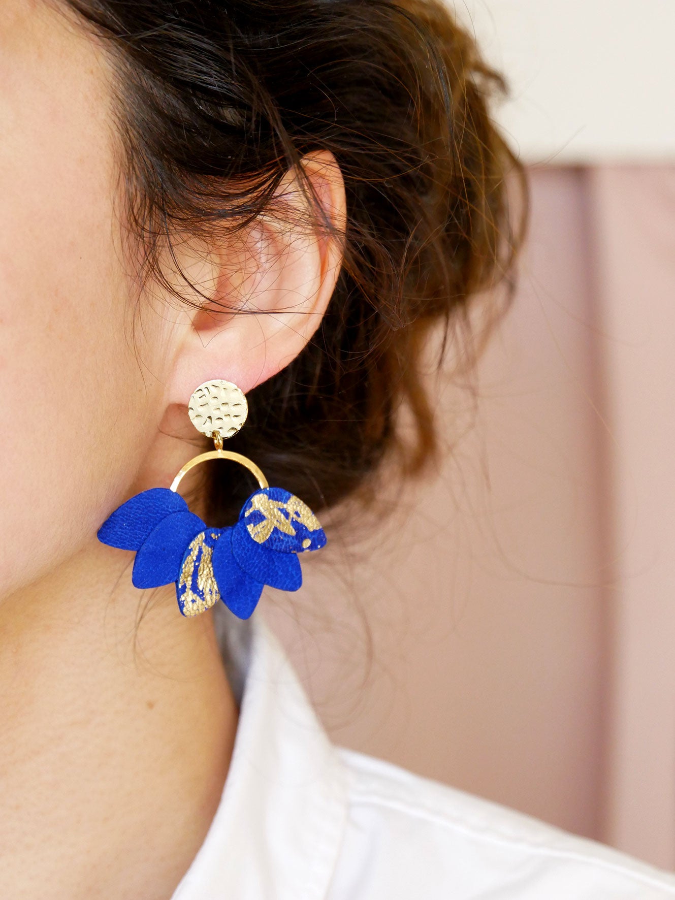 MEXICO - Boucles d'oreilles en cuir bleu et or