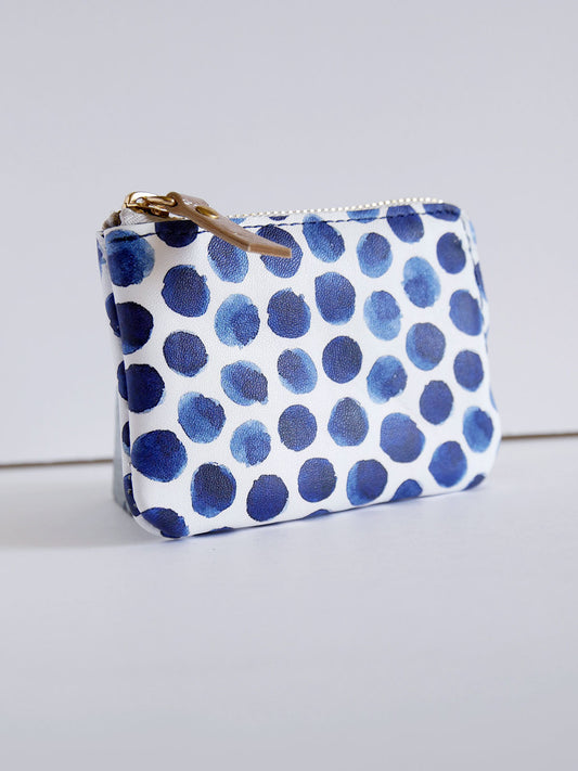 Porte-monnaie PM06 en cuir bleu à pois
