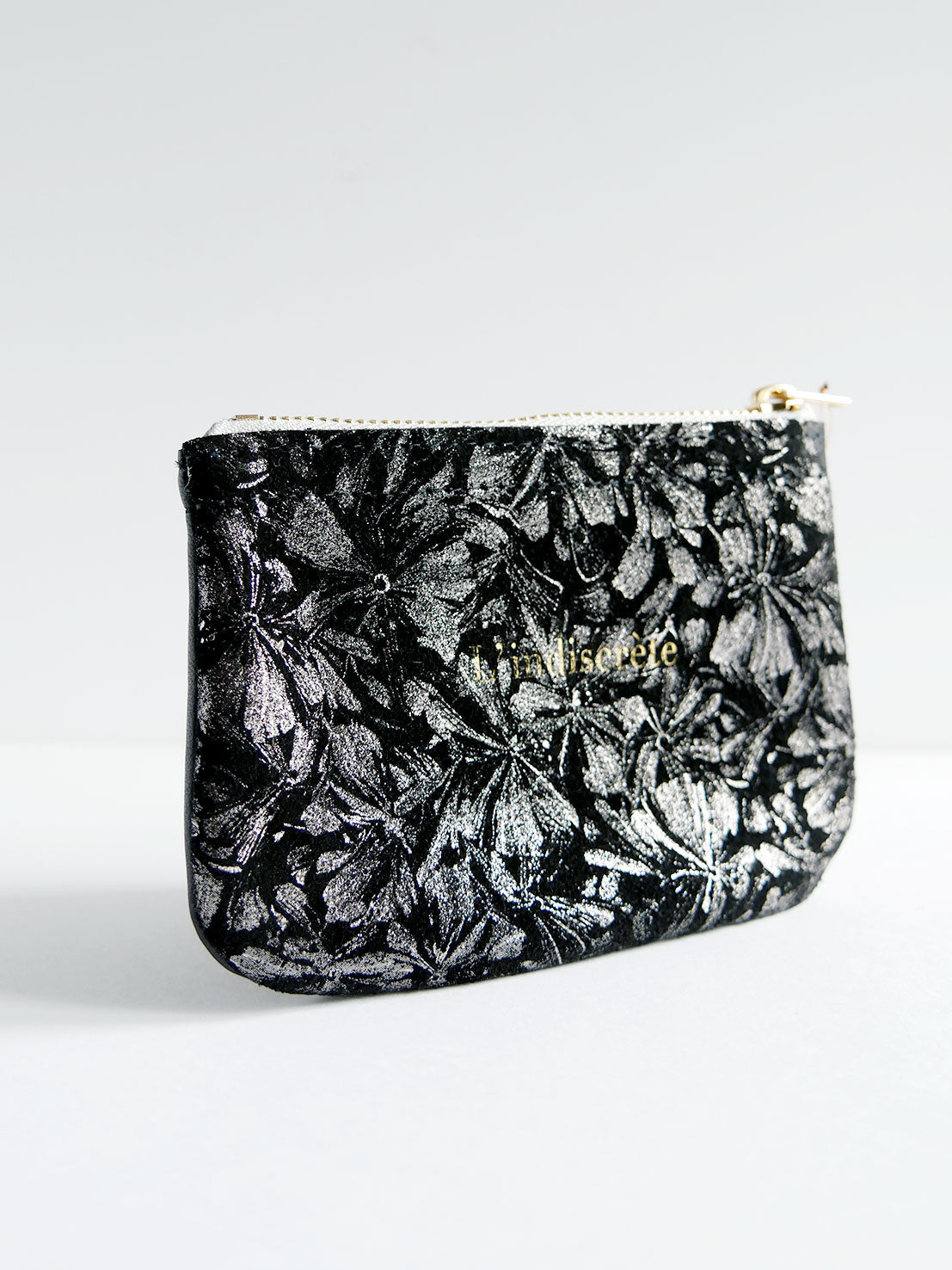 Porte-monnaie en cuir noir à fleurs argentées- PM08