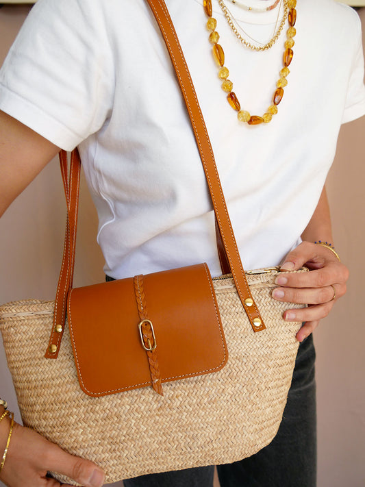 Panier 137 - Panier en osier et cuir camel à anses