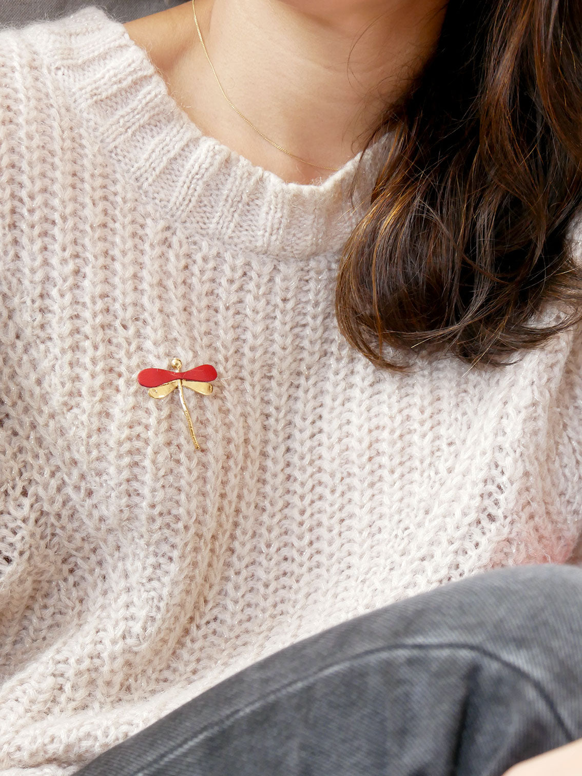 La Libellule - Broche libellule en cuir rouge et or