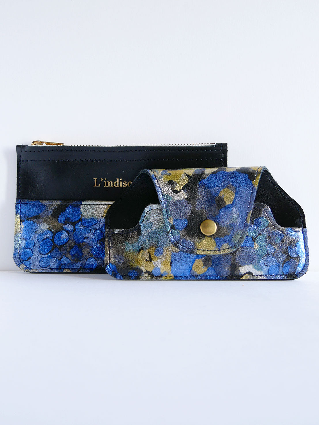 Etui à lunettes ET51 en cuir motif floral bleu et noir