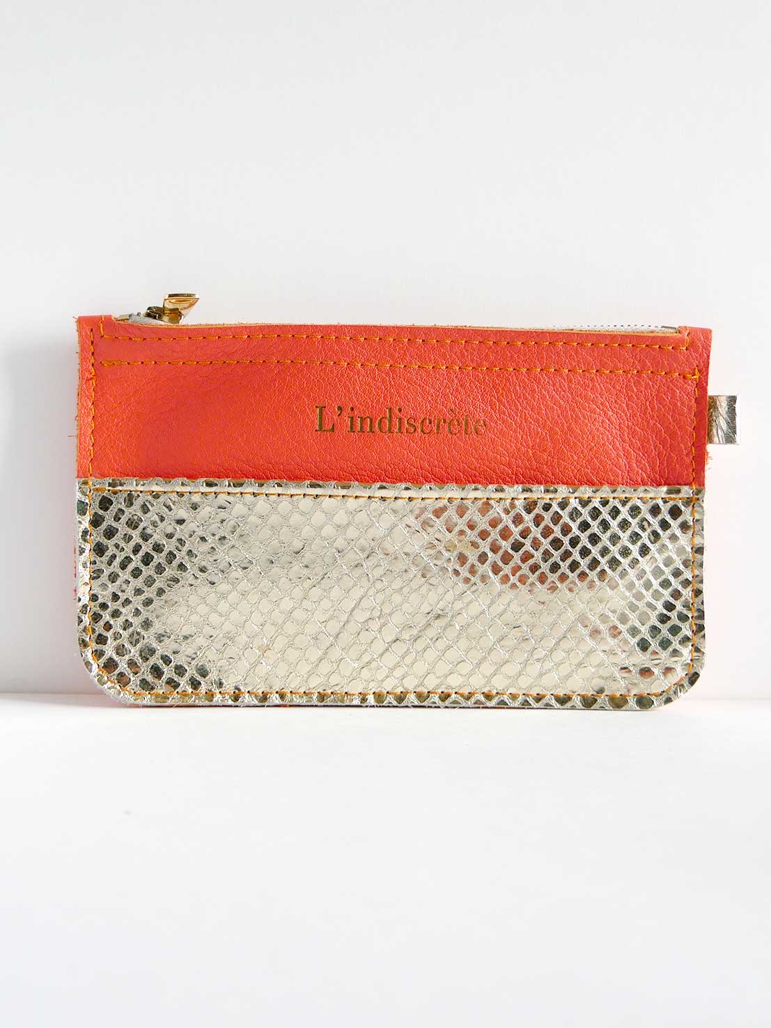 Pochette en cuir orange et or - P69