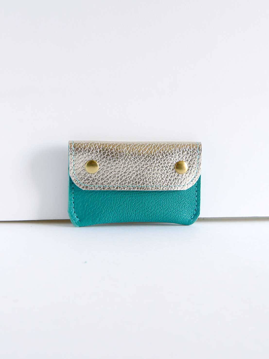 Porte-cartes PC38 en cuir or et turquoise