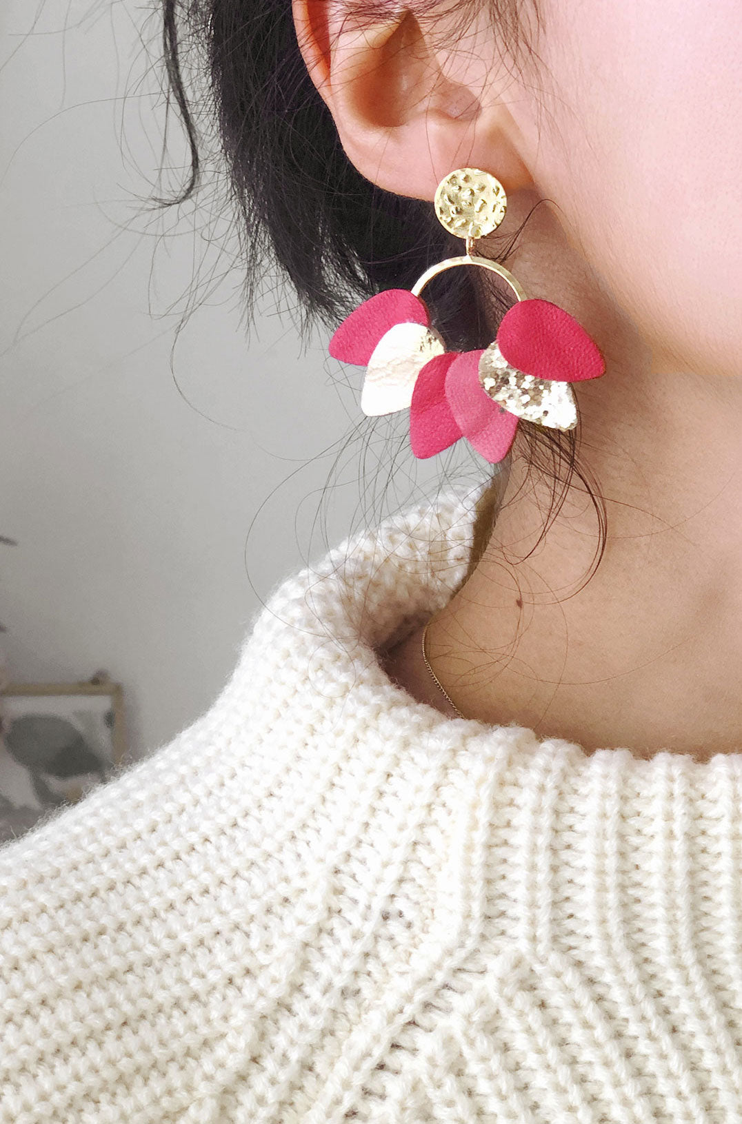 Mexico - Boucles d'oreilles Mexico en cuir rose geranium et or