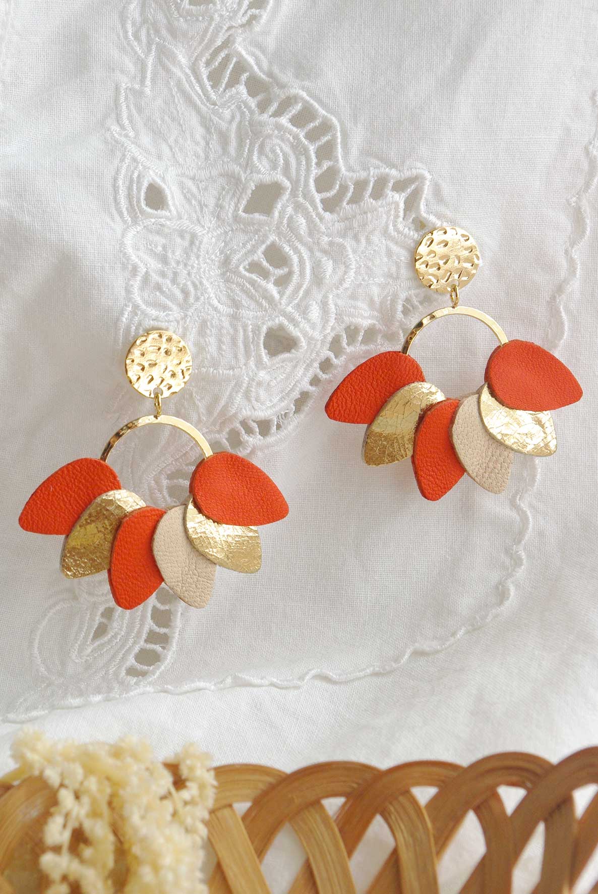 Boucles d'oreilles Mexico en cuir orange tangerine et doré