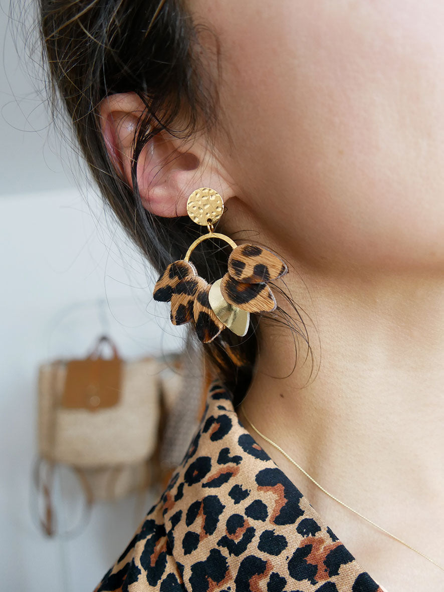 Mexico - Boucles d'oreilles Mexico en cuir léopard et doré