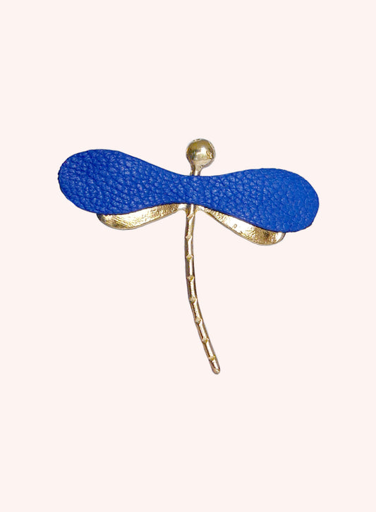 La Libellule - Broche libellule en cuir bleu et or