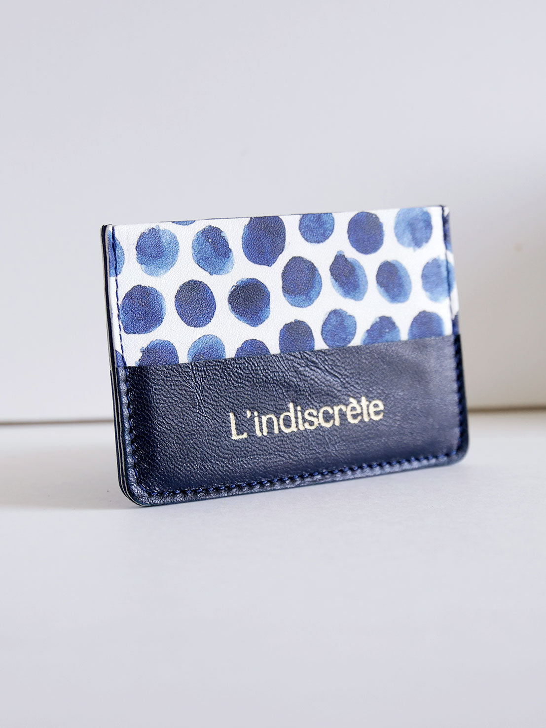 Porte-cartes PC01-2 en cuir bleu à pois