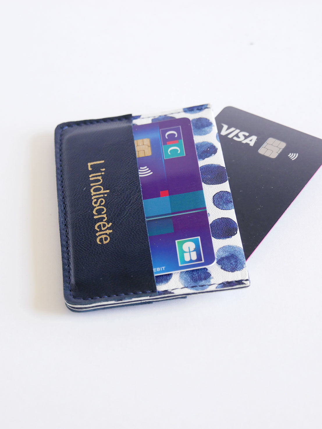 Porte-cartes PC01-2 en cuir bleu à pois
