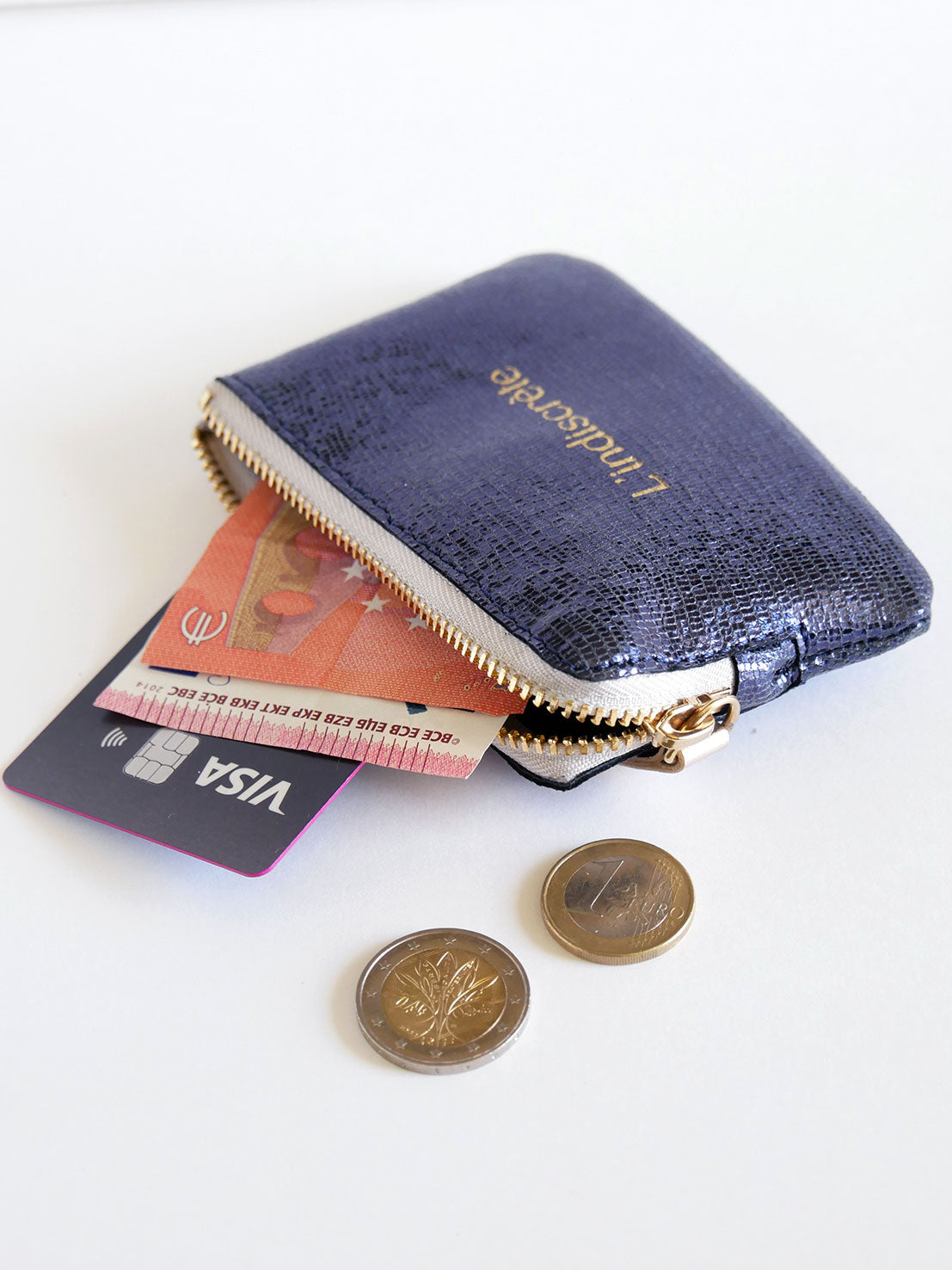 Porte-monnaie PM03 en cuir bleu nuit brillant