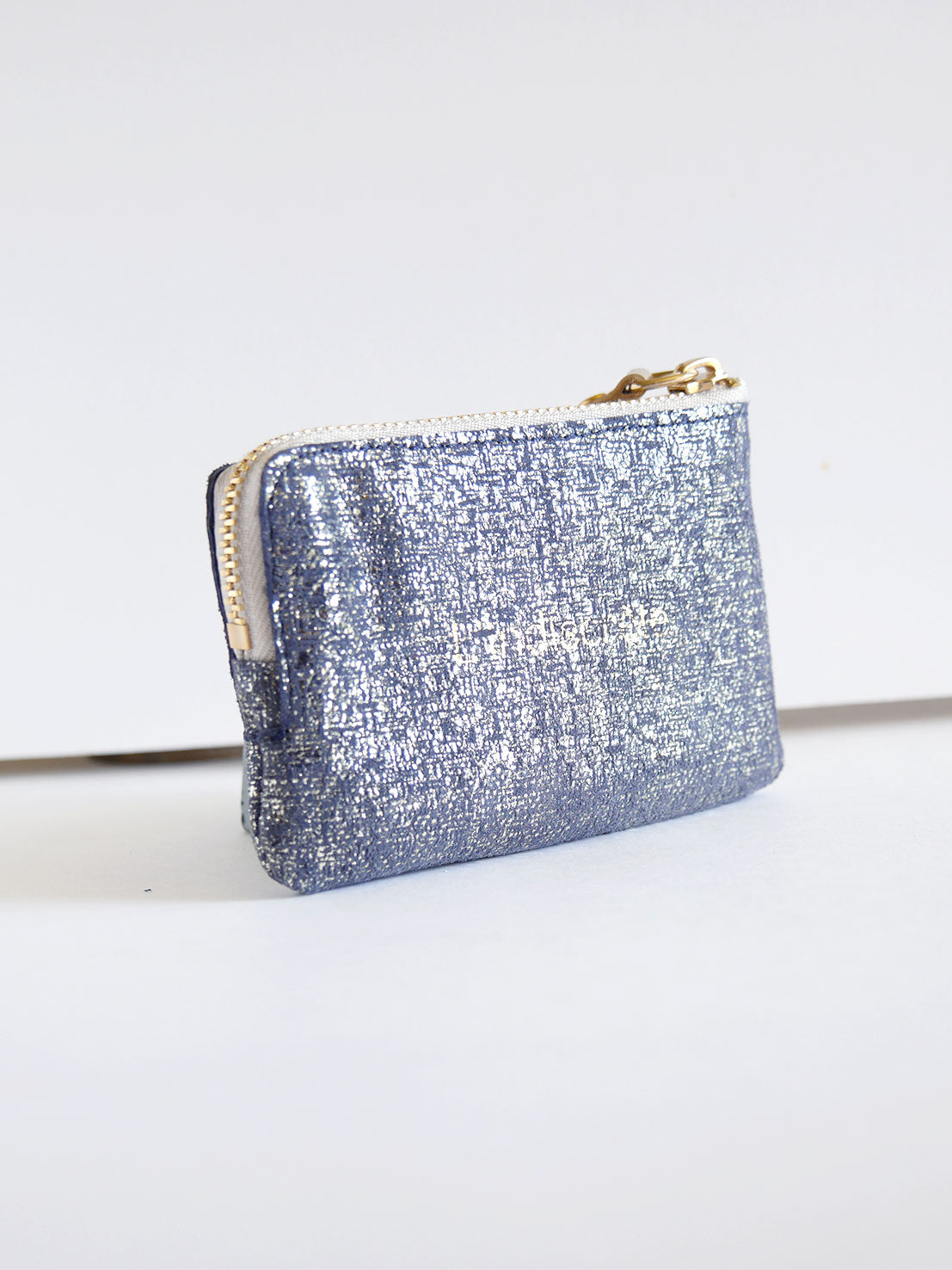 Porte-monnaie PM04 en cuir bleu argenté brillant