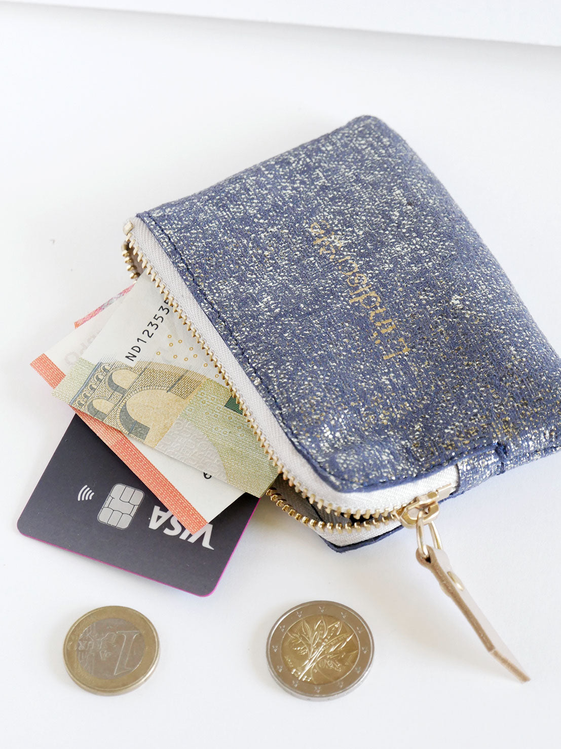 Porte-monnaie PM04 en cuir bleu argenté brillant