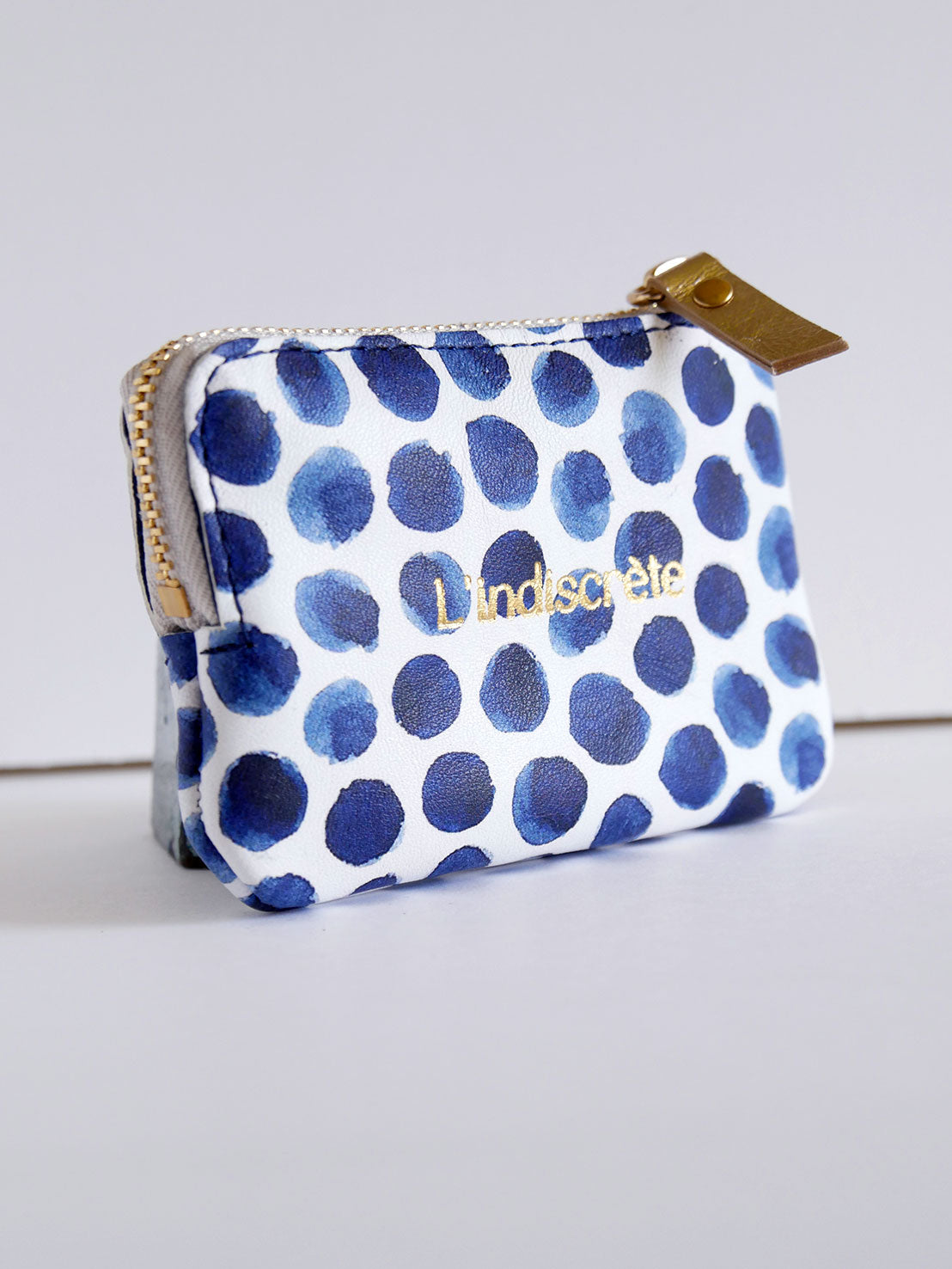 Porte-monnaie PM06 en cuir bleu à pois