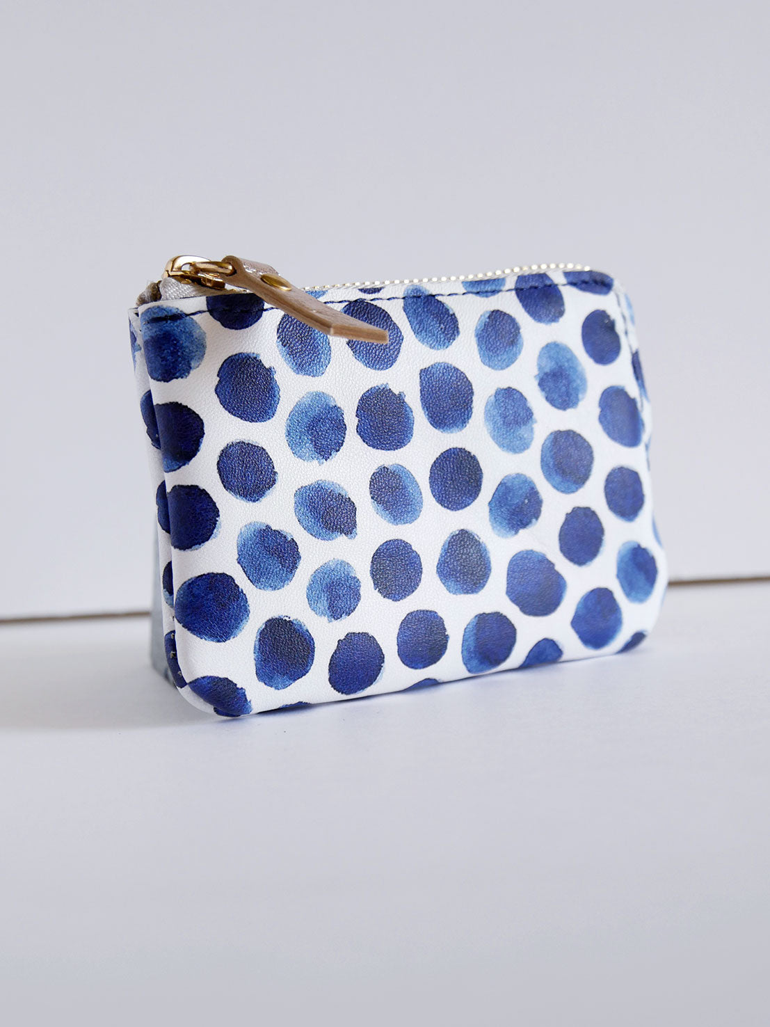 Porte-monnaie PM06 en cuir bleu à pois