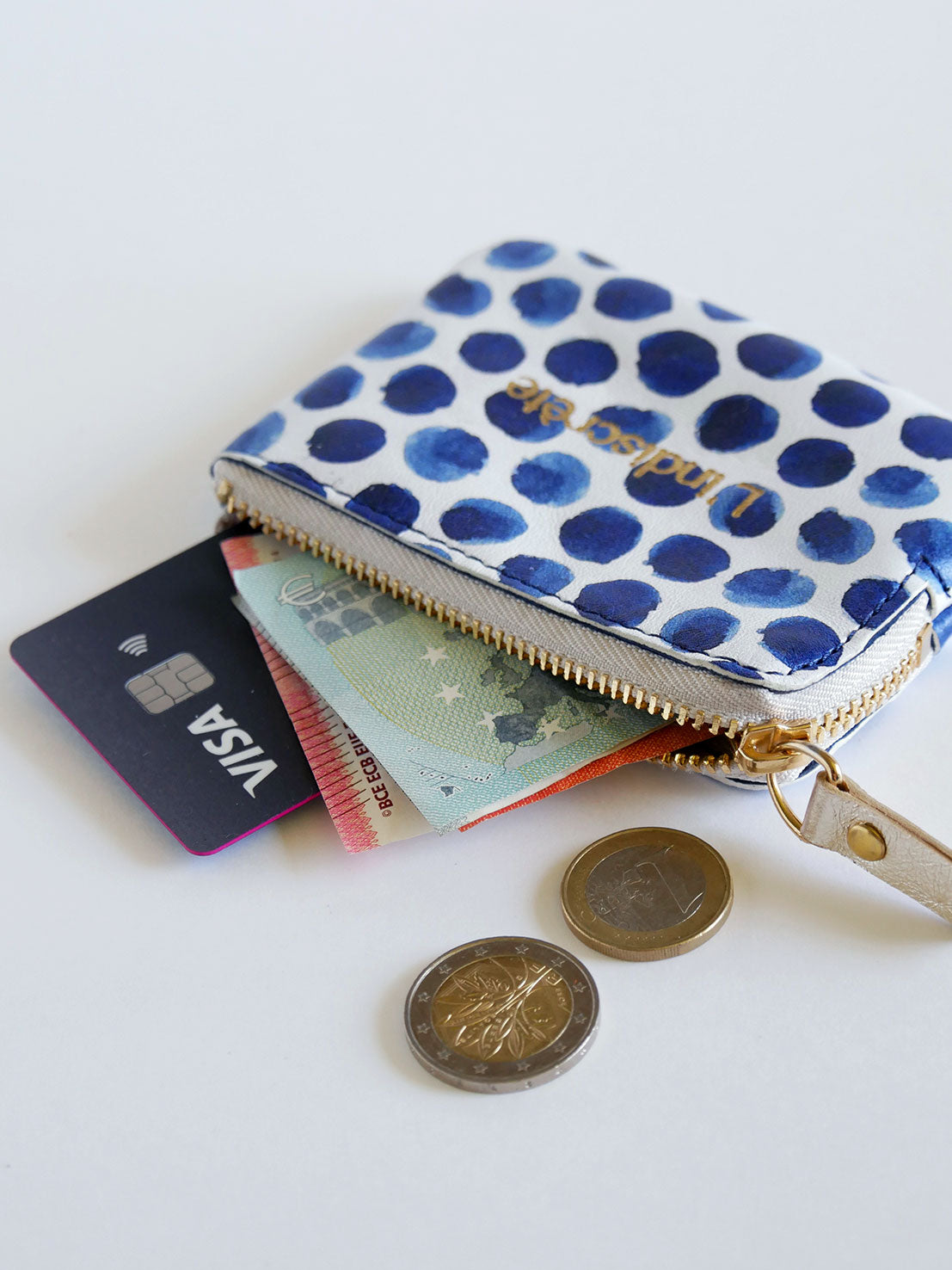Porte-monnaie PM06 en cuir bleu à pois