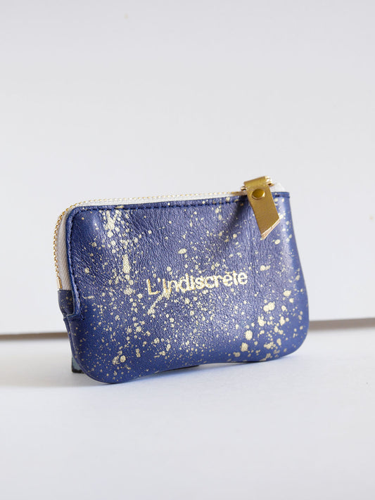 Porte-monnaie PM07 en cuir bleu nuit moucheté or
