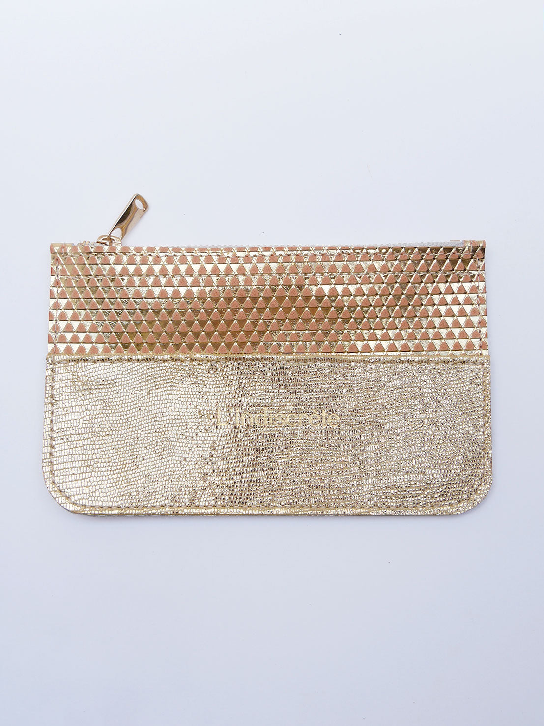Pochette en cuir rose or triangles - P156