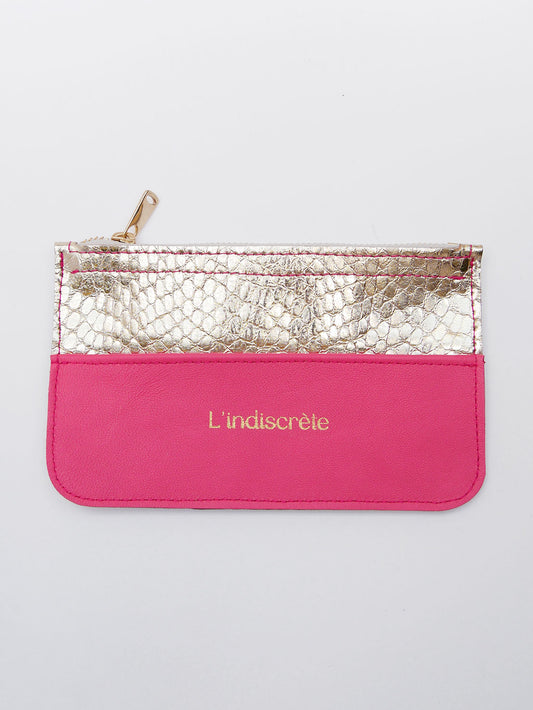 Pochette en cuir rose fuchsia et or - P158