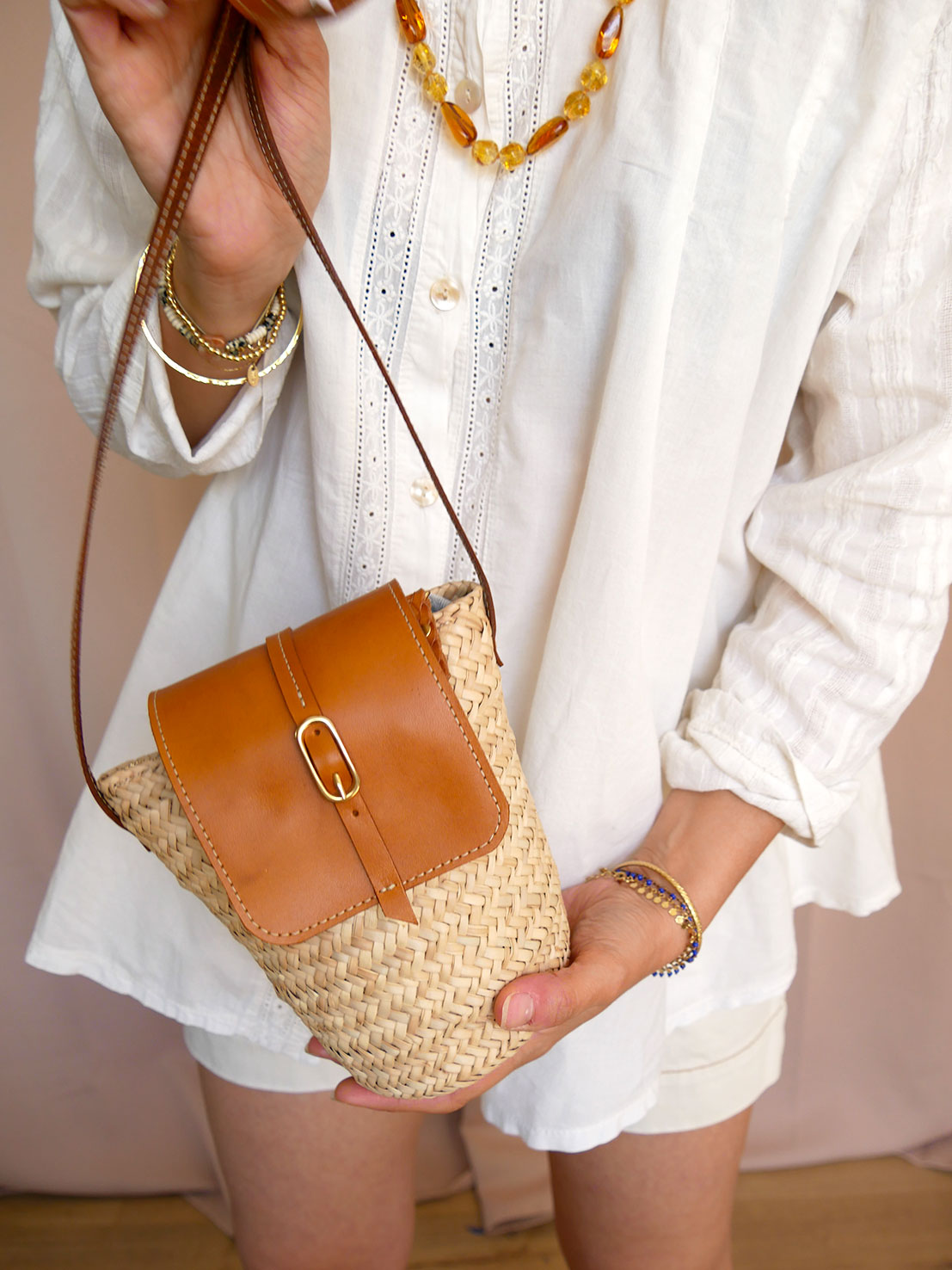 Panier 112 - Mini Panier en osier et cuir à bandoulière