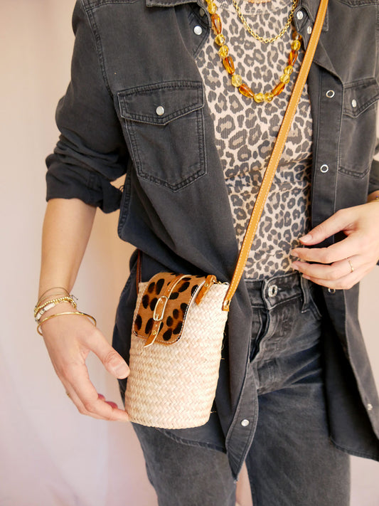 Panier 113 - Mini Panier en osier et cuir léopard à bandoulière