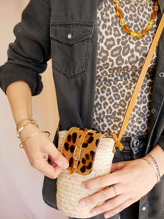 Panier 113 - Mini Panier en osier et cuir léopard à bandoulière
