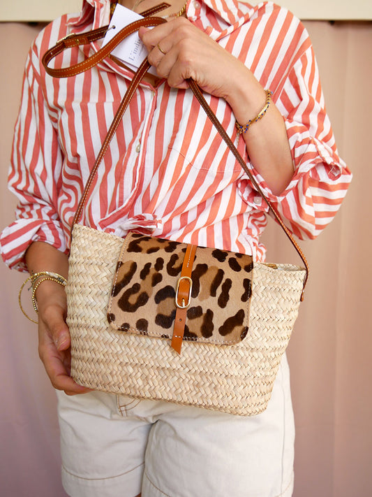 Panier 115 - Panier en osier et cuir léopard à bandoulière
