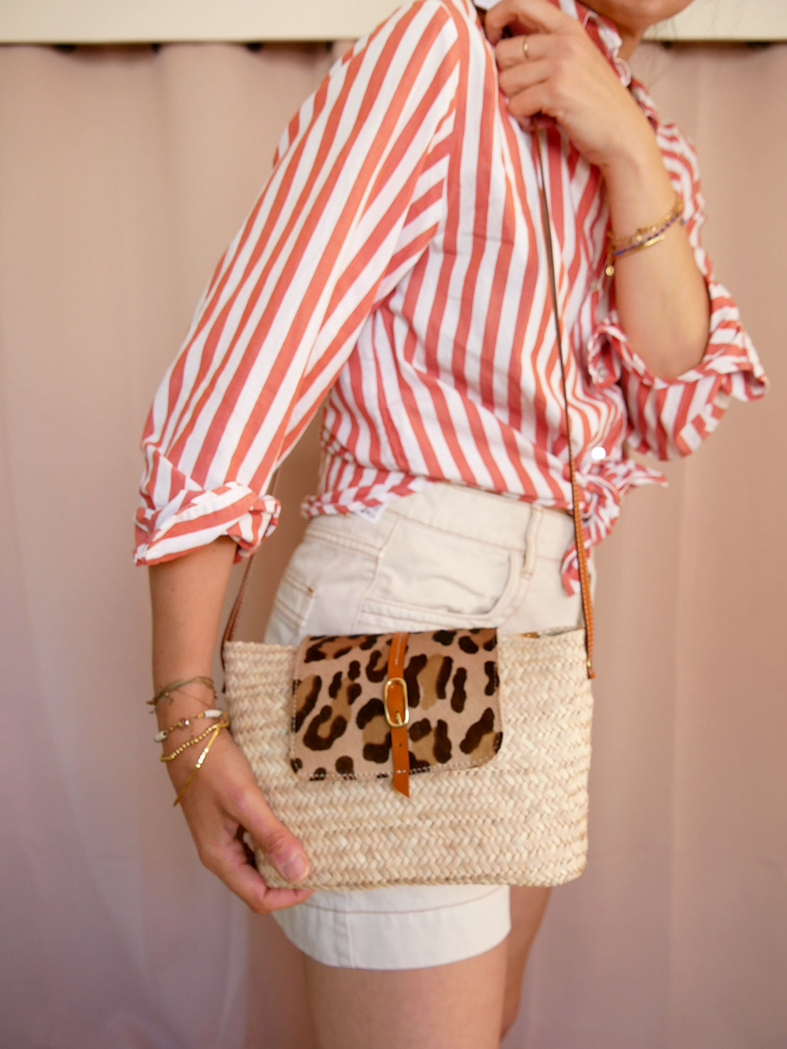 Panier 115 - Panier en osier et cuir léopard à bandoulière