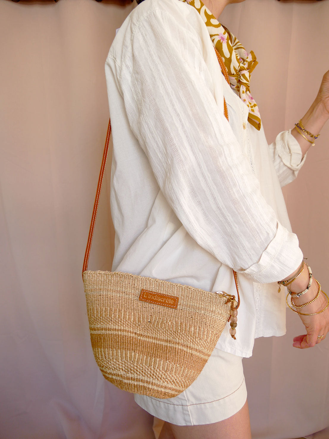 Panier 101 - Panier en osier et cuir camel à bandoulière