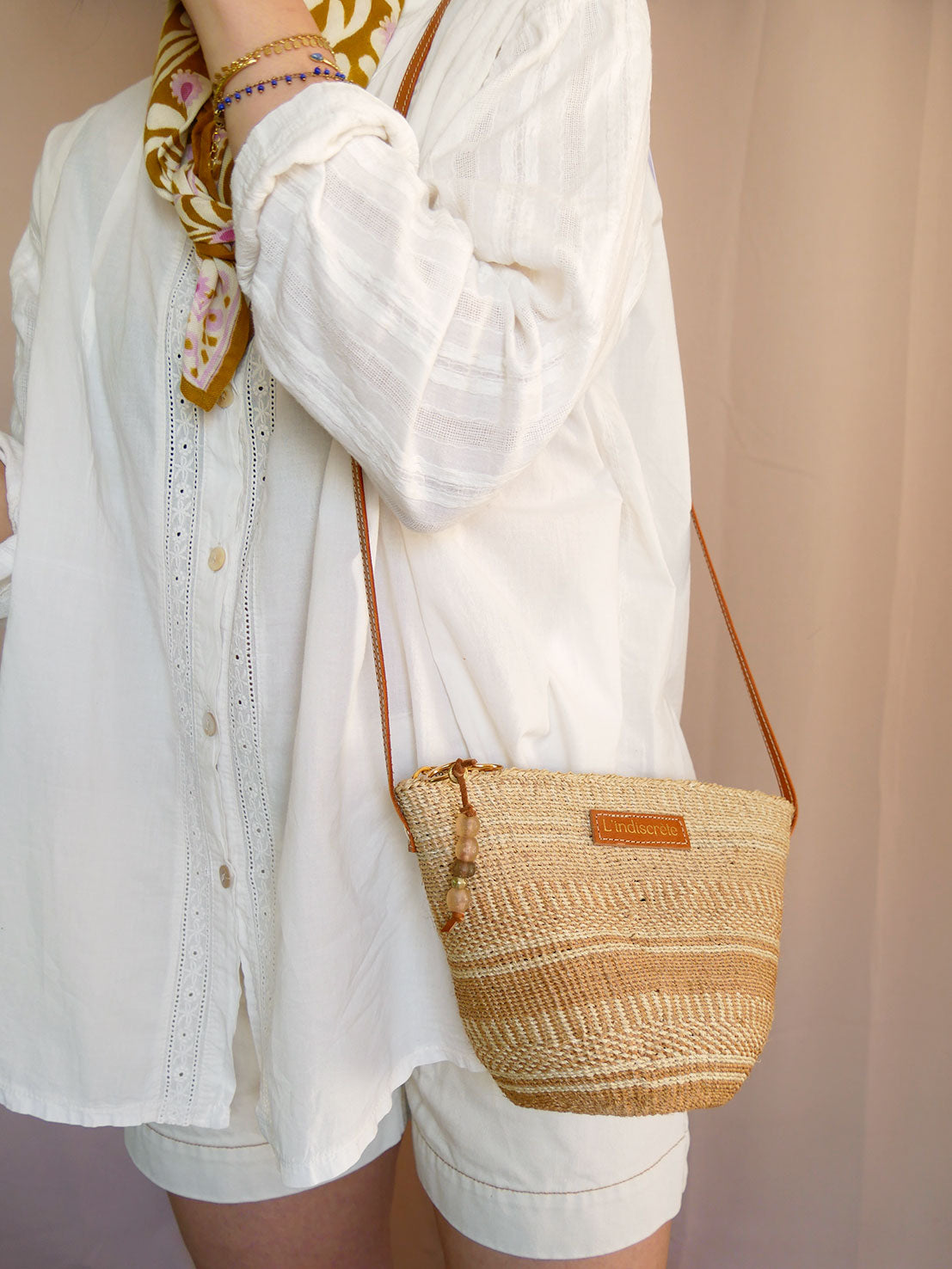 Panier 101 - Panier en osier et cuir camel à bandoulière