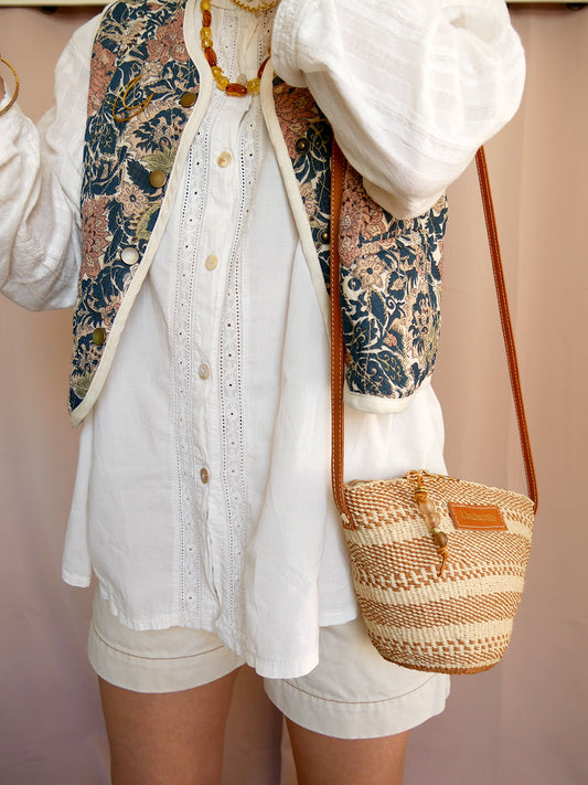 Panier 122 - Panier en osier et cuir camel à bandoulière
