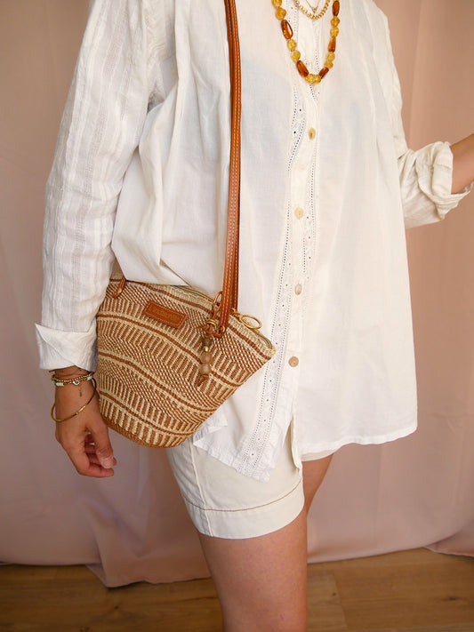Panier 124 - Panier en osier et cuir camel à bandoulière