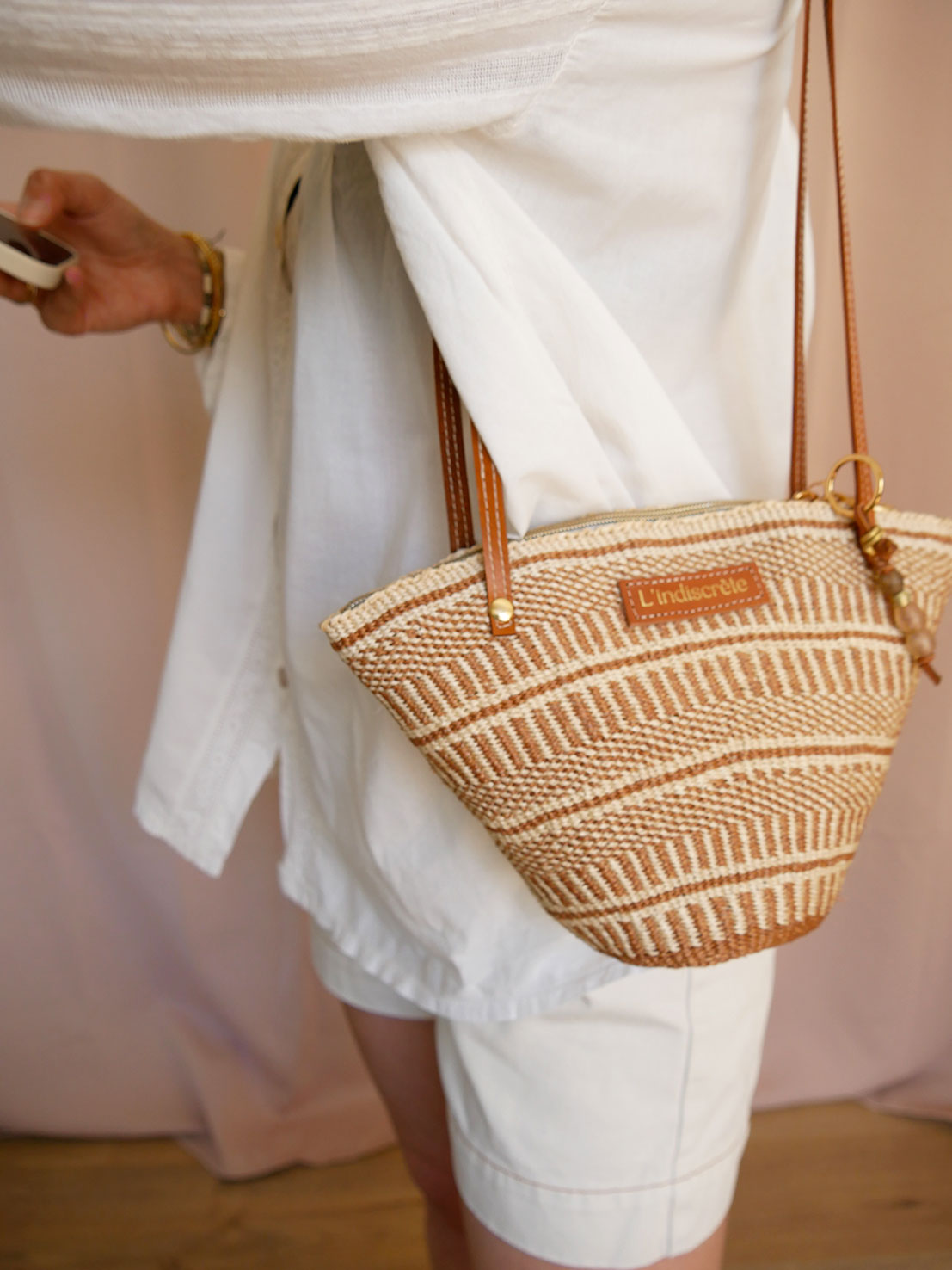 Panier 124 - Panier en osier et cuir camel à bandoulière