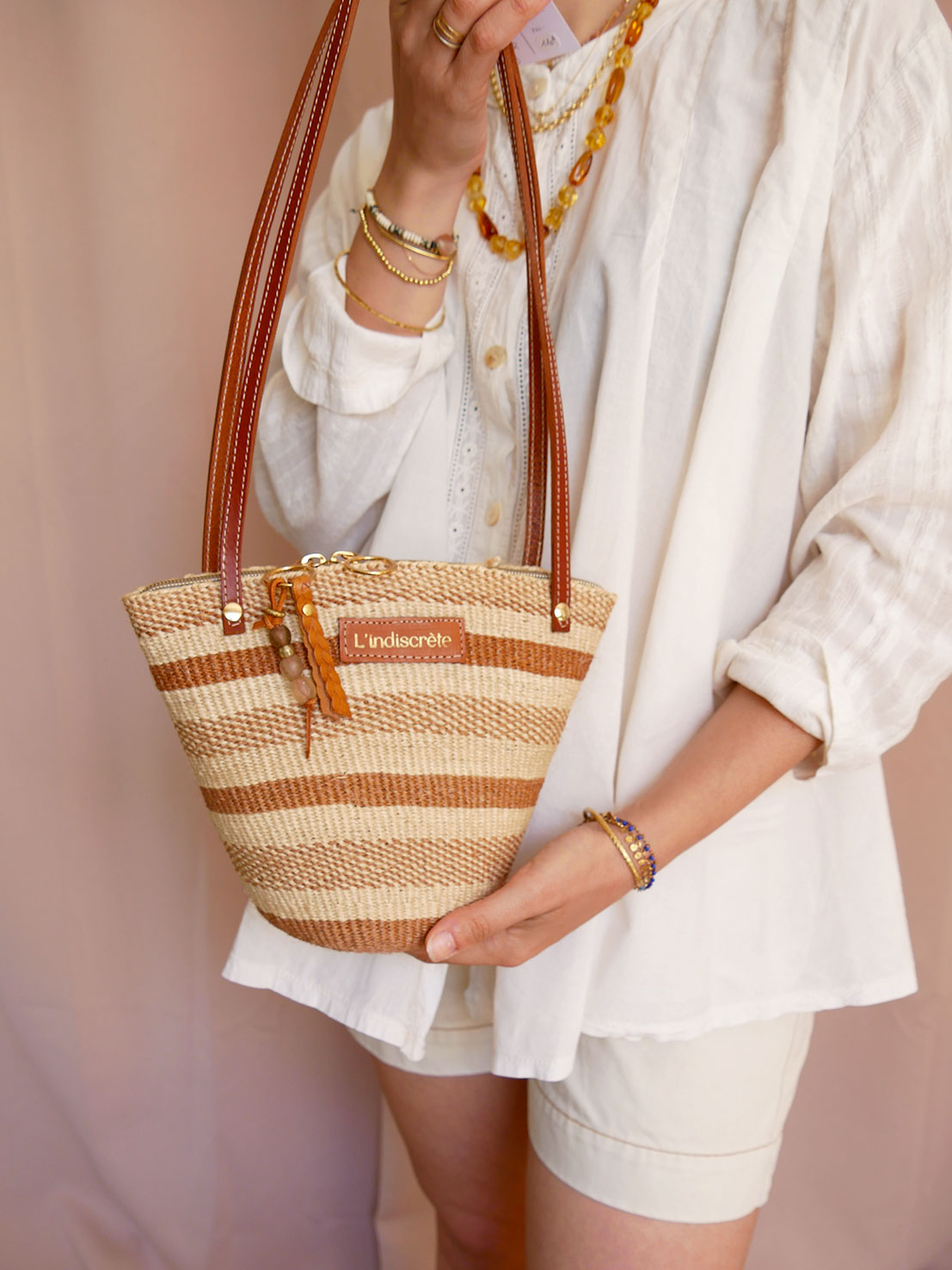 Panier 129 - Panier en osier et cuir camel à bandoulière