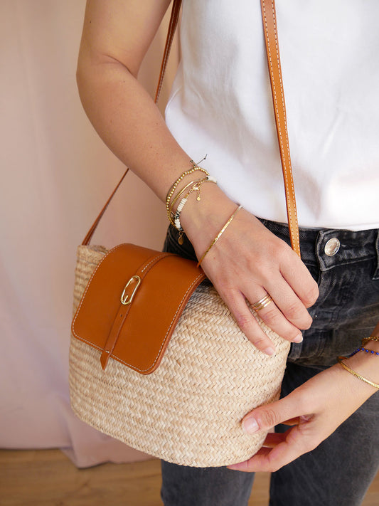 Panier 131 - Panier en osier et cuir camel à bandoulière