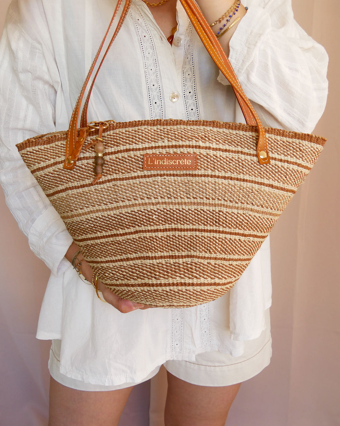 Panier 133 - Panier en osier et cuir camel à anses