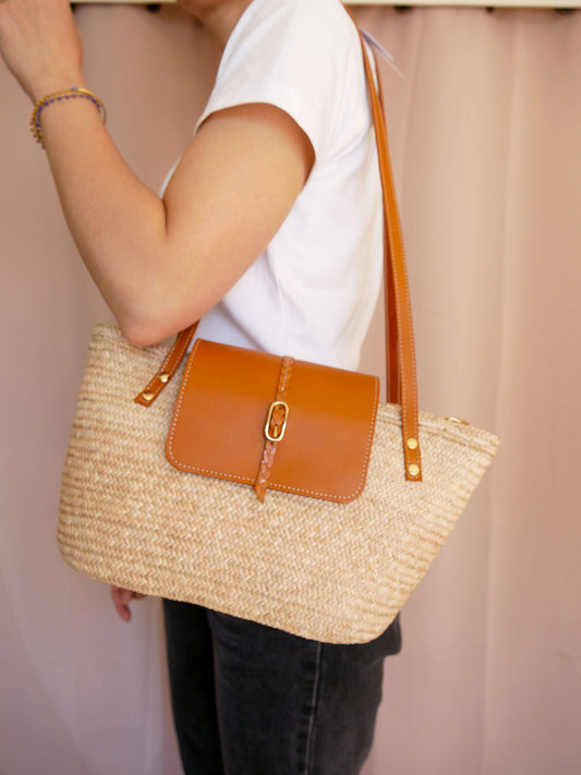Panier 137 - Panier en osier et cuir camel à anses