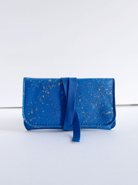 Etui pour bijoux cuir bleu moucheté or