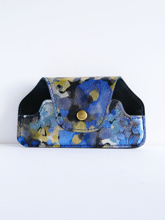 Etui à lunettes ET51 en cuir motif floral bleu et noir