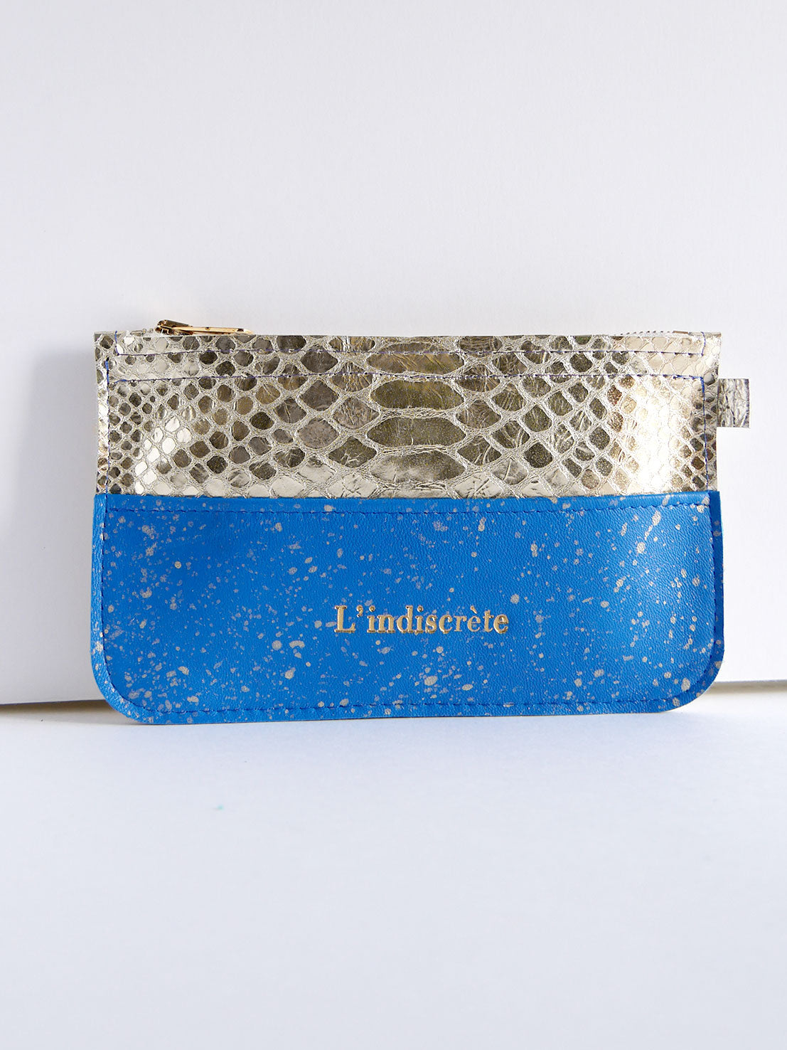 Pochette en cuirs or et bleu P108