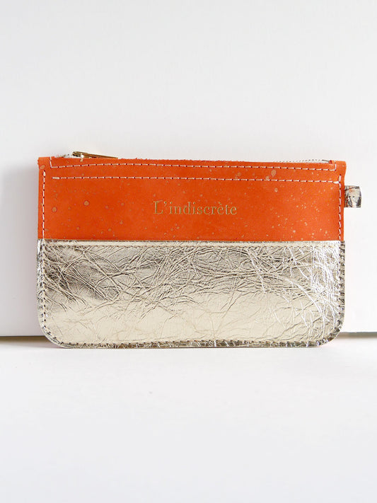 Pochette en cuir orange et or - P114