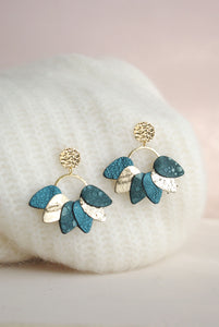 Mexico - Boucles d'oreilles Mexico en cuir vert paon, or et paillettes
