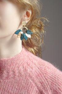 Mexico - Boucles d'oreilles Mexico en cuir vert paon, or et paillettes