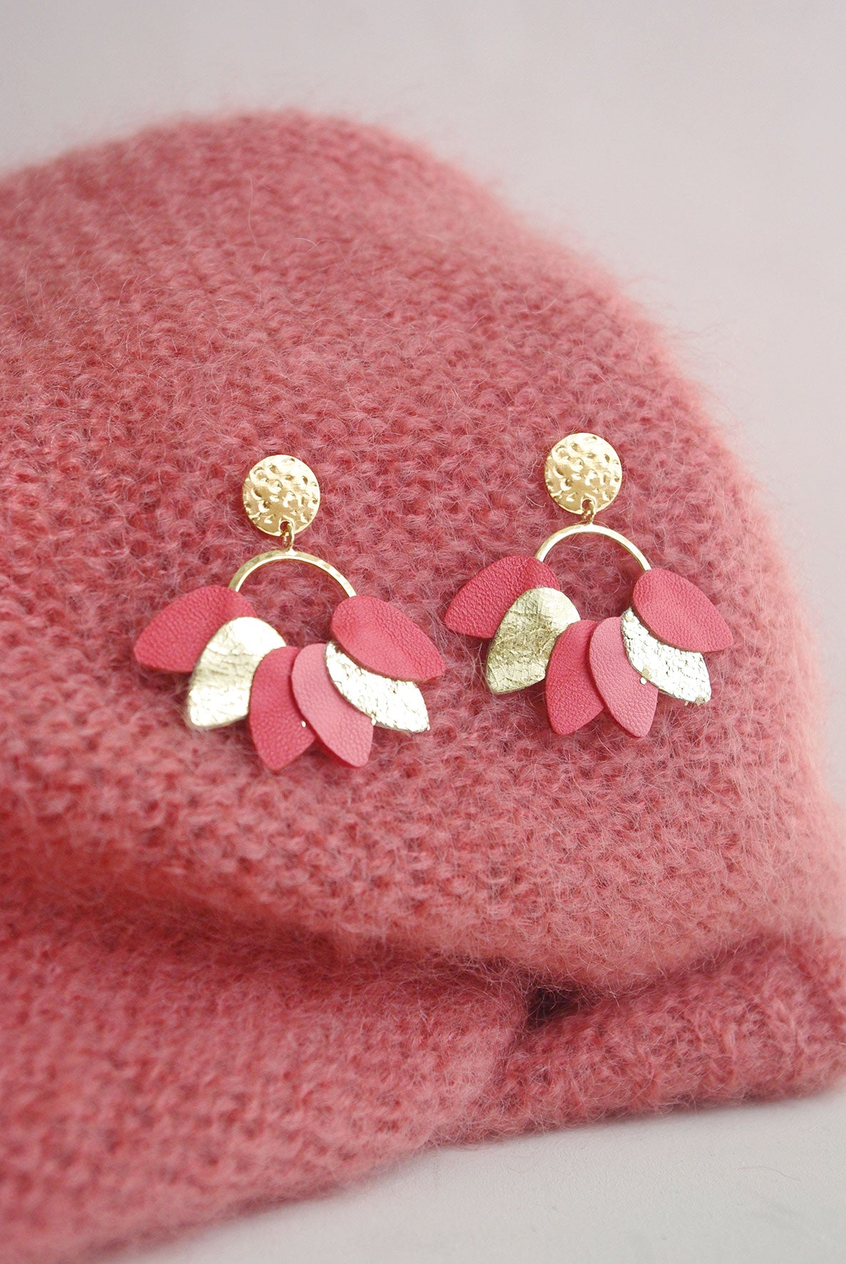 Mexico - Boucles d'oreilles Mexico en cuir rose geranium et or