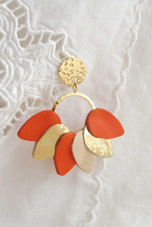 Boucles d'oreilles Mexico en cuir orange tangerine et doré