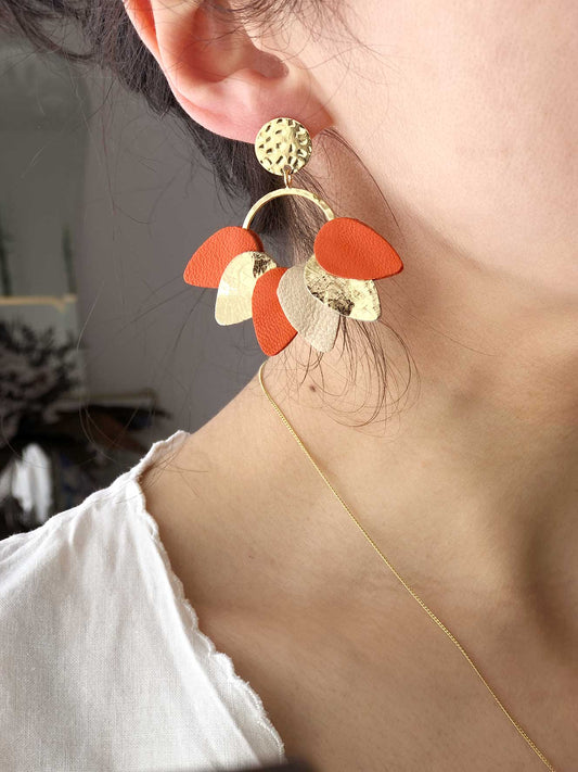Boucles d'oreilles Mexico en cuir orange tangerine et doré