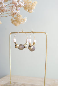 Créoles multi-perles taupe, ivoire et or