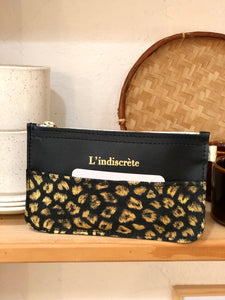 Pochette en cuir leopard doré et cuir noir